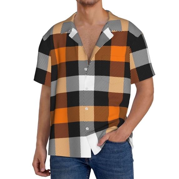 Kdxio Men'S Hawaiian Shirt For Men Short Sleeve Shirt Orange Plaid Summer Casual Holiday Beach Button Down T-Shirts