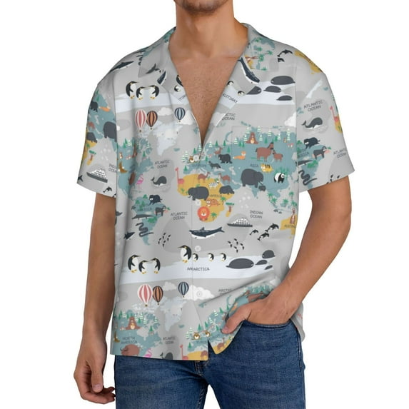 Kdxio Men'S Hawaiian Shirt For Men Short Sleeve Shirt The World Map With Cartoon Animals Summer Casual Holiday Beach Button Down T-Shirts