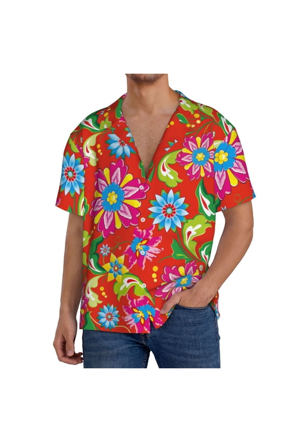 Men'S Hawaiian Shirt For Men Short Sleeve Shirt Vector Mexican Otomi Style Bright Summer Casual Holiday Beach Button Down T-Shirts
