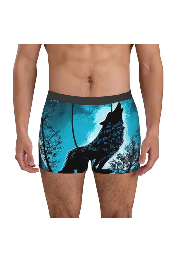 Men's Boxer Briefs with Blue Full Moon Wolf Print - Comfortable and Breathable Underwear for Everyday Wear