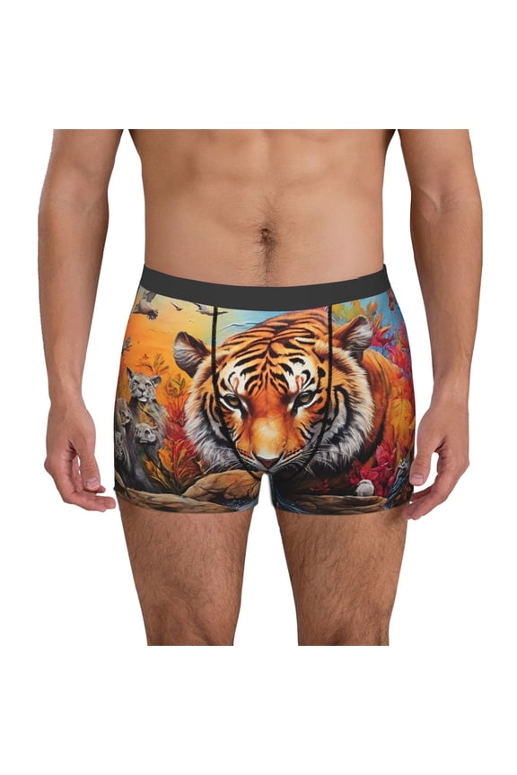 Men's Boxer Briefs with Colorful Plant Tiger Print - Comfortable and Breathable Underwear for Everyday Wear