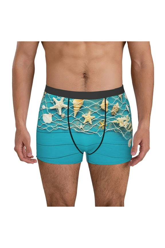 Men's Boxer Briefs with Seashells And Fishing Net On Blue Wooden Table Print - Comfortable and Breathable Underwear for Everyday Wear