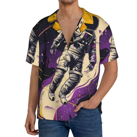 Kdxio Men's Hawaiian Shirt for Men Short Sleeve Shirt Astronaut Floating purple Space Summer Casual Holiday Beach Button Down T-Shirts