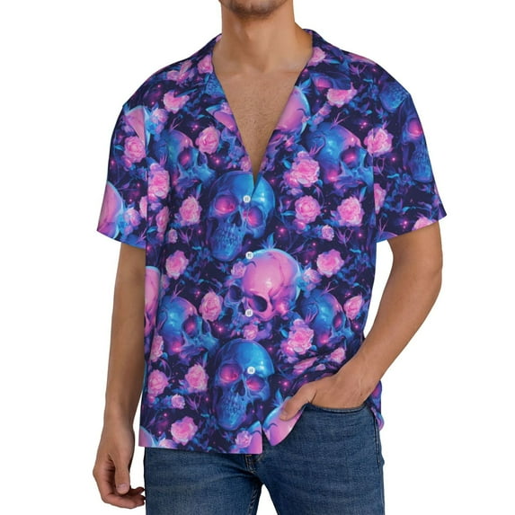 Kdxio Men's Hawaiian Shirt for Men Short Sleeve Shirt Blue Skull Rose Summer Casual Holiday Beach Button Down T-Shirts