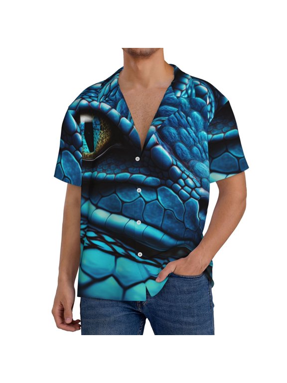 Men's Hawaiian Shirt for Men Short Sleeve Shirt Blue Viper Snake Closeup Face Summer Casual Holiday Beach Button Down T-Shirts