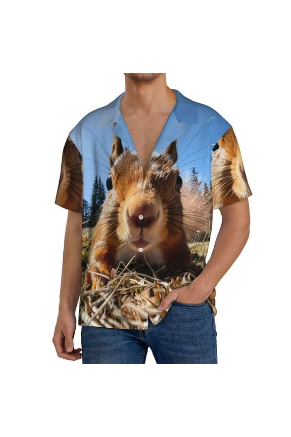Men's Hawaiian Shirt for Men Short Sleeve Shirt Close-Up Curious Squirrel Summer Casual Holiday Beach Button Down T-Shirts