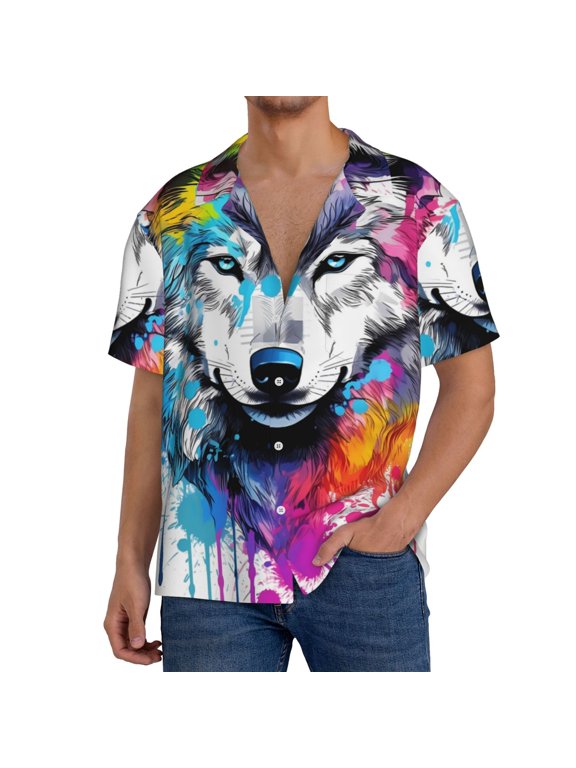 Men's Hawaiian Shirt for Men Short Sleeve Shirt Cool Colorful Wolf Summer Casual Holiday Beach Button Down T-Shirts