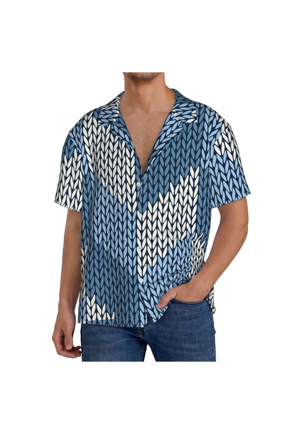 Men's Hawaiian Shirt for Men Short Sleeve Shirt Cozy Knitted Blue Chevron Summer Casual Holiday Beach Button Down T-Shirts