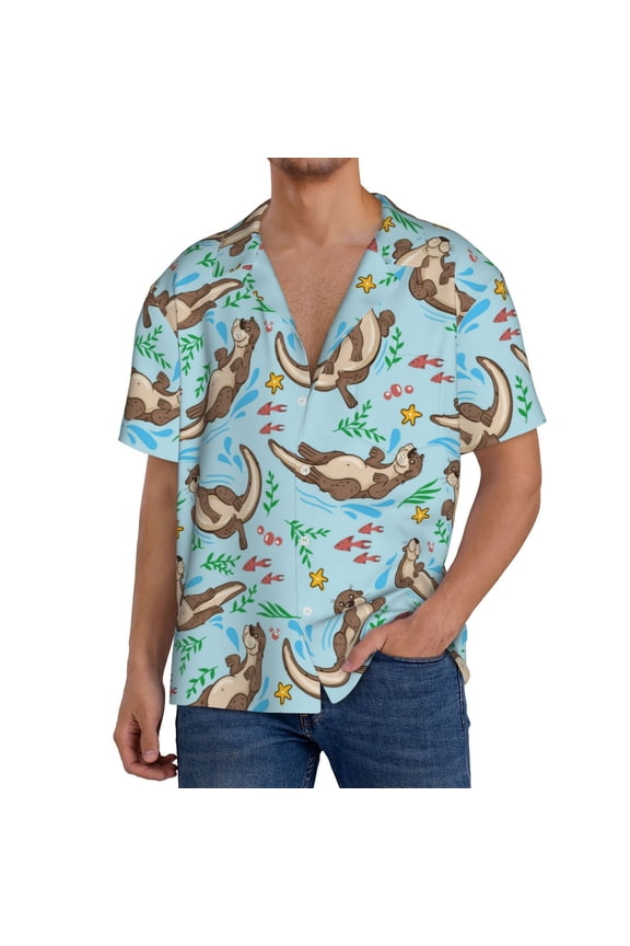 Men's Hawaiian Shirt for Men Short Sleeve Shirt Cute Otters Summer Casual Holiday Beach Button Down T-Shirts