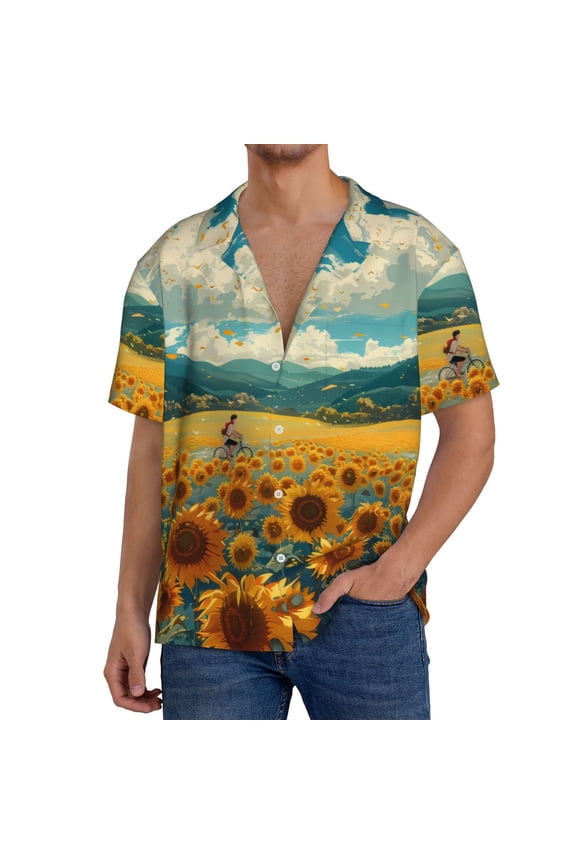 Men's Hawaiian Shirt for Men Short Sleeve Shirt Field Style Bicycle Young Sunflower Summer Casual Holiday Beach Button Down T-Shirts