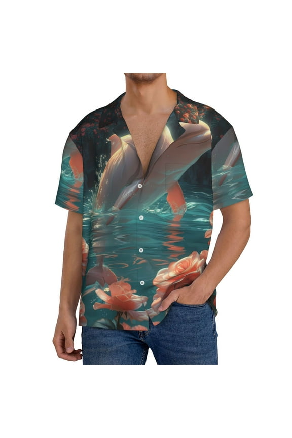 Men's Hawaiian Shirt for Men Short Sleeve Shirt Flower White Dolphin Summer Casual Holiday Beach Button Down T-Shirts