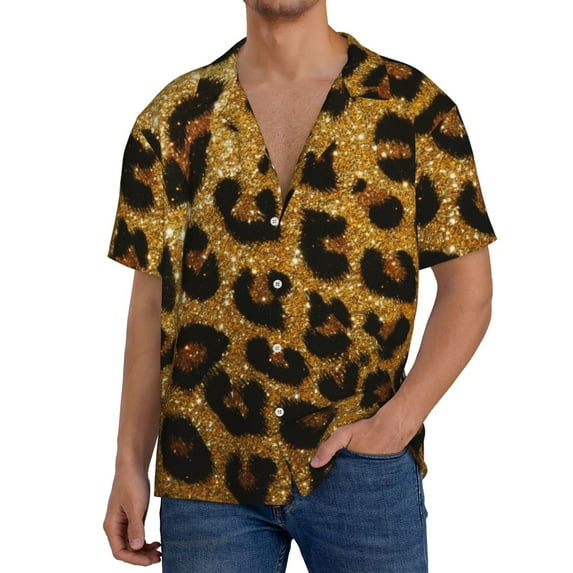 Kdxio Men's Hawaiian Shirt for Men Short Sleeve Shirt Golden Leopard Glitter Summer Casual Holiday Beach Button Down T-Shirts