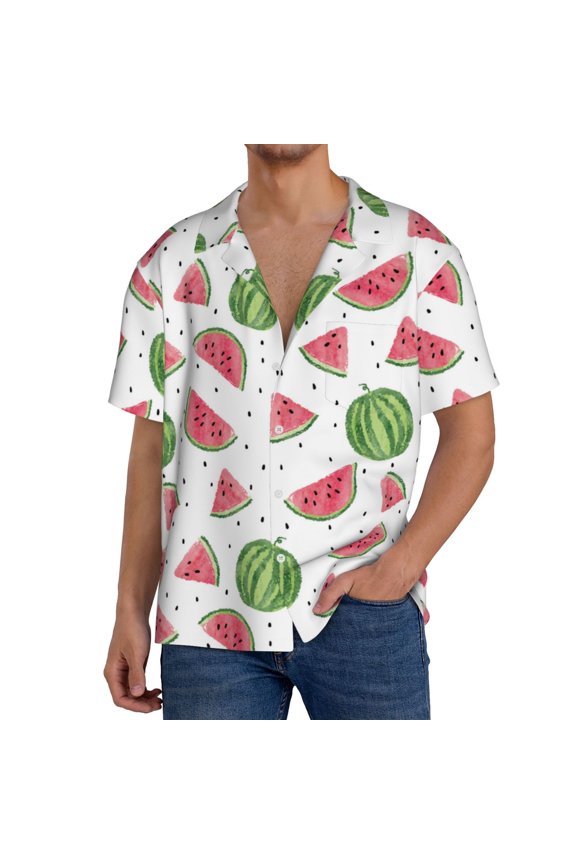 Men's Hawaiian Shirt for Men Short Sleeve Shirt Hand Drawn Watermelon Summer Casual Holiday Beach Button Down T-Shirts