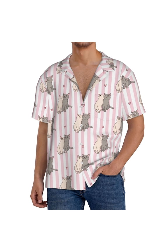 Men's Hawaiian Shirt for Men Short Sleeve Shirt Heart Cat Summer Casual Holiday Beach Button Down T-Shirts