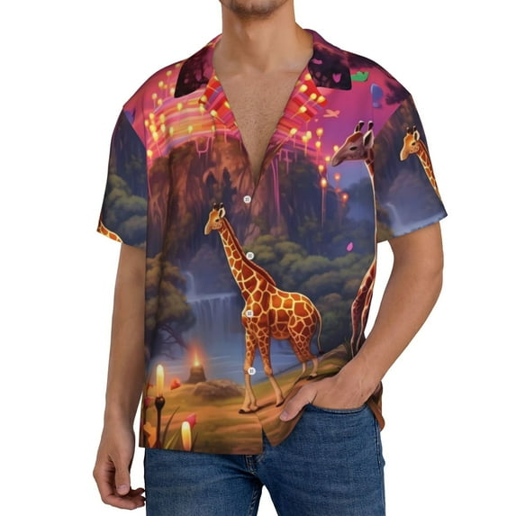 Kdxio Men's Hawaiian Shirt for Men Short Sleeve Shirt Lantern Giraffes Magical Forest Summer Casual Holiday Beach Button Down T-Shirts