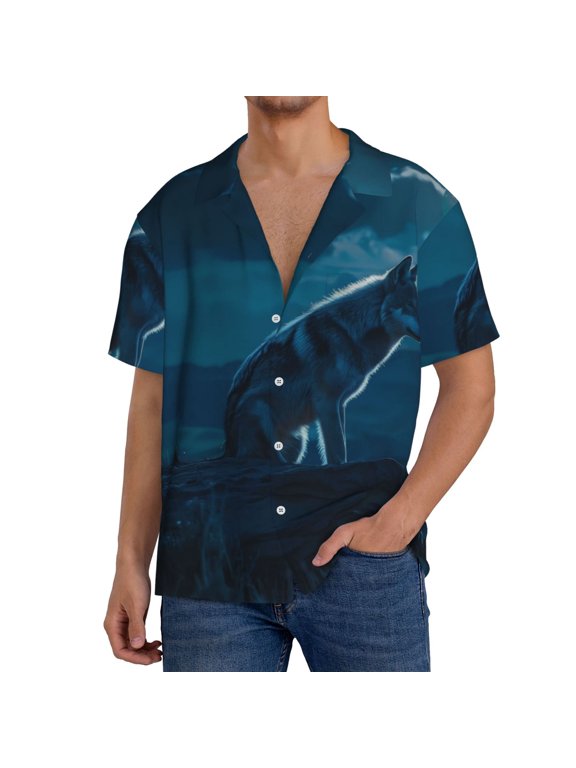 Men's Hawaiian Shirt for Men Short Sleeve Shirt Lonely Night Wolf Summer Casual Holiday Beach Button Down T-Shirts