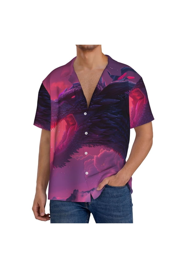 Men's Hawaiian Shirt for Men Short Sleeve Shirt Mystical Dragon Under Moon Summer Casual Holiday Beach Button Down T-Shirts