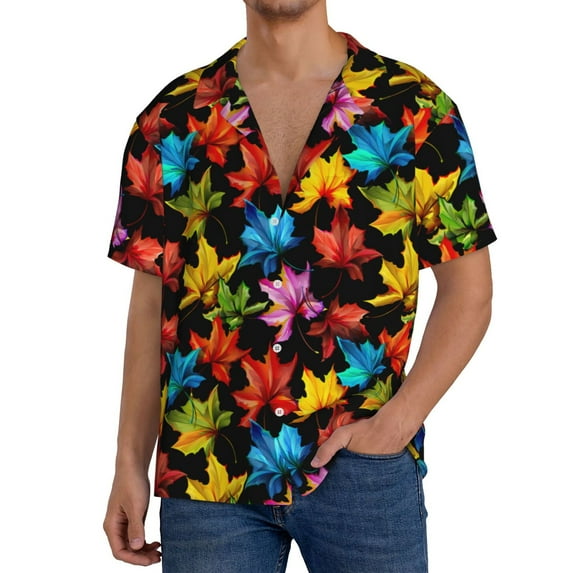 Kdxio Men's Hawaiian Shirt for Men Short Sleeve Shirt Rainbow Colorful Maple Leaves Summer Casual Holiday Beach Button Down T-Shirts