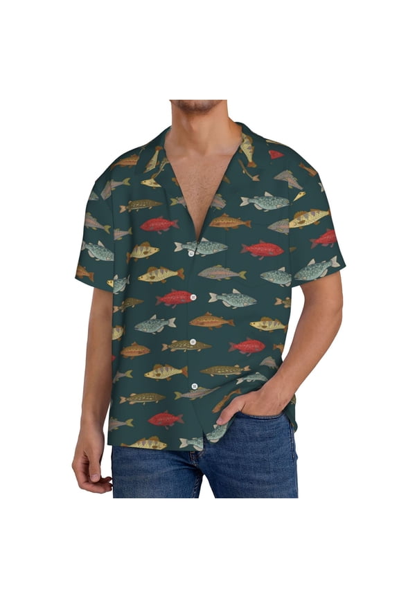 Men's Hawaiian Shirt for Men Short Sleeve Shirt River Freshwater Fish Summer Casual Holiday Beach Button Down T-Shirts