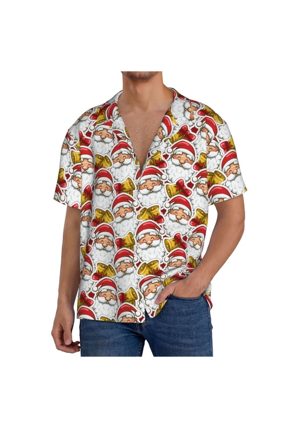 Men's Hawaiian Shirt for Men Short Sleeve Shirt Santa Claus bells Summer Casual Holiday Beach Button Down T-Shirts