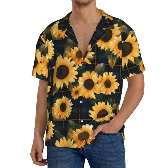 Kdxio Men's Hawaiian Shirt for Men Short Sleeve Shirt Scottish Blue Plaid Sunflower Summer Casual Holiday Beach Button Down T-Shirts