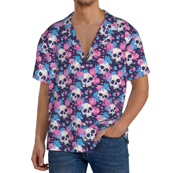 Kdxio Men's Hawaiian Shirt for Men Short Sleeve Shirt Skull Flower Blue Summer Casual Holiday Beach Button Down T-Shirts