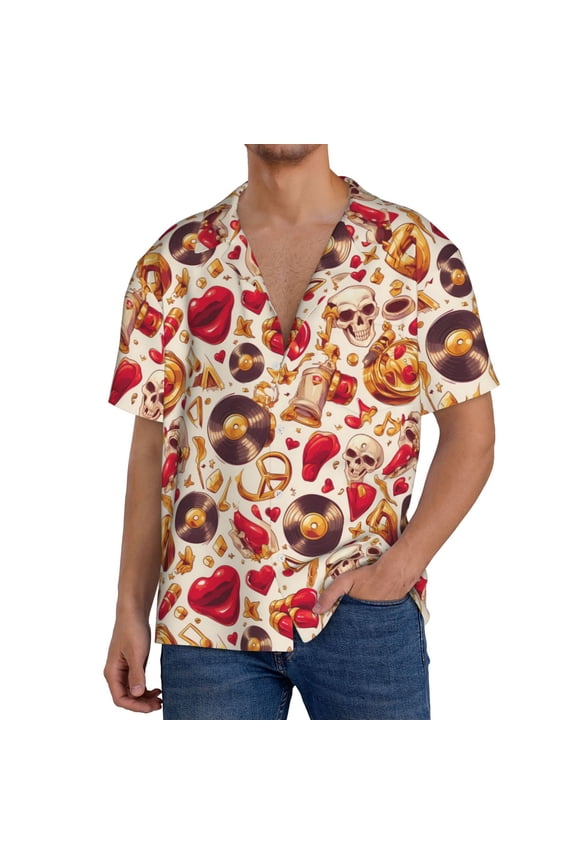 Men's Hawaiian Shirt for Men Short Sleeve Shirt Skull Retro record lips Summer Casual Holiday Beach Button Down T-Shirts