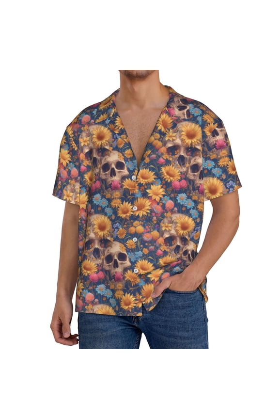Men's Hawaiian Shirt for Men Short Sleeve Shirt Skull daisy colorful Summer Casual Holiday Beach Button Down T-Shirts