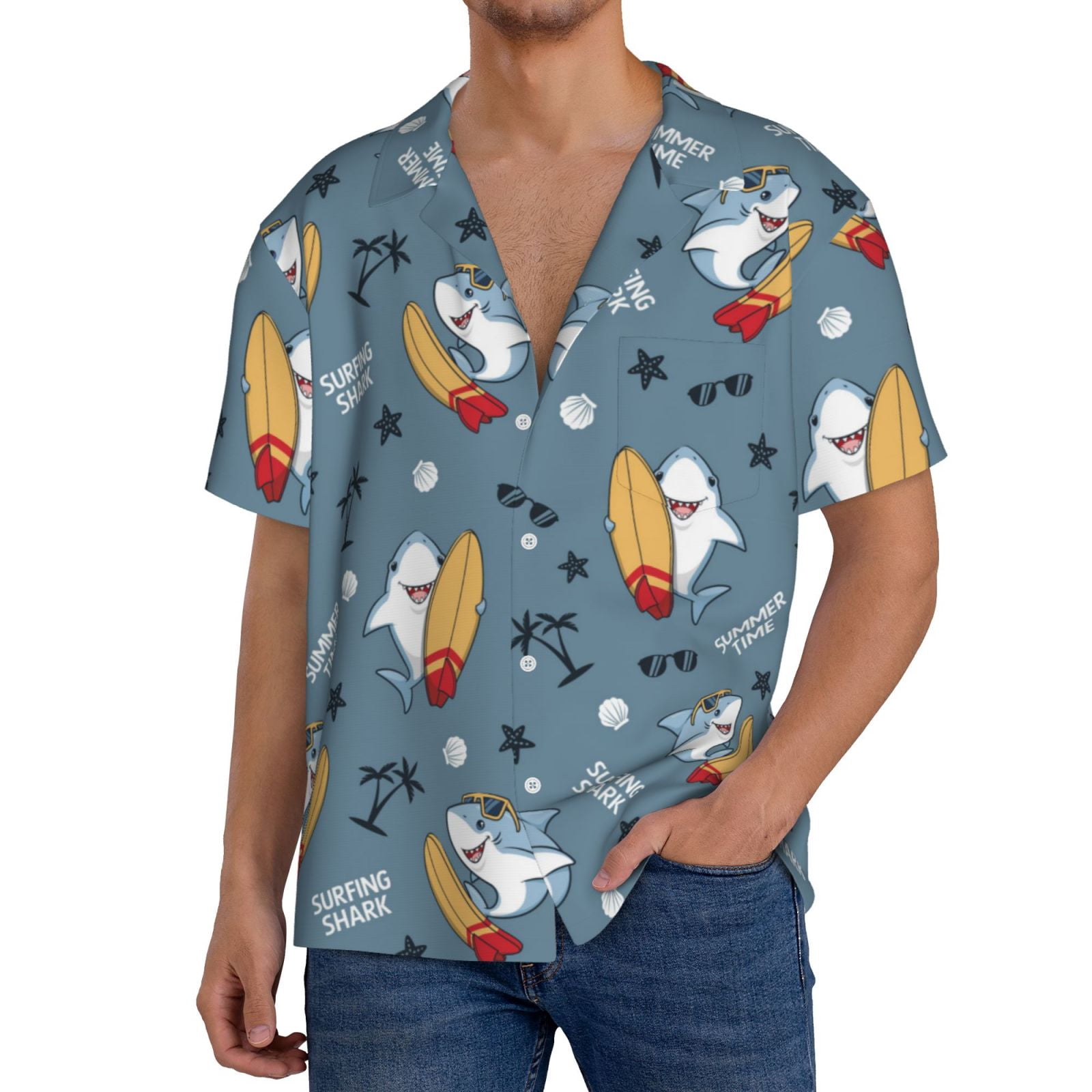 Kdxio Men's Hawaiian Shirt for Men Short Sleeve Shirt Surf Shark Summer Casual Holiday Beach Button Down T-Shirts