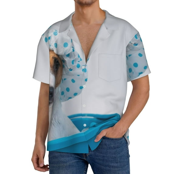 Kdxio Men's Hawaiian Shirt for Men Short Sleeve Shirt Terrier Takes A Bath With Shower Cap Summer Casual Holiday Beach Button Down T-Shirts