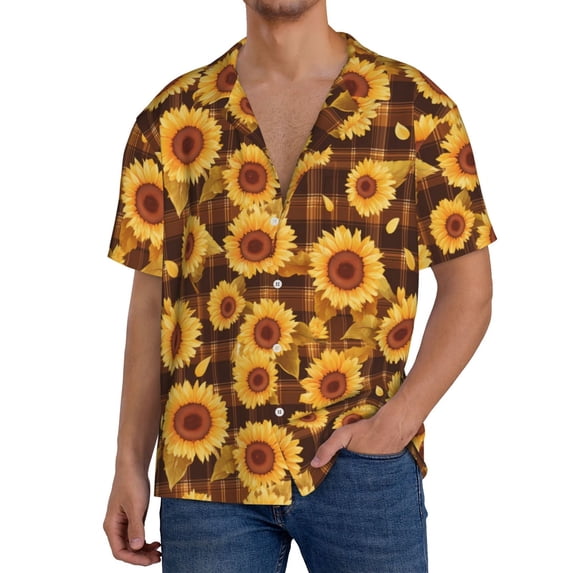 Kdxio Men's Hawaiian Shirt for Men Short Sleeve Shirt Vintage Brown Plaid Sunflower Summer Casual Holiday Beach Button Down T-Shirts