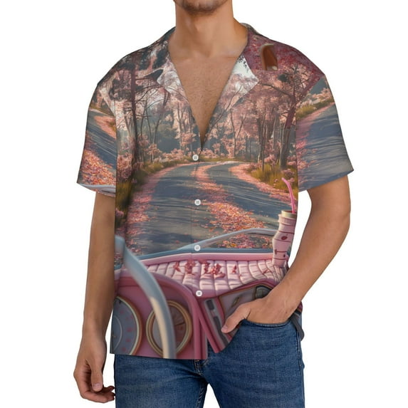 Kdxio Men's Hawaiian Shirt for Men Short Sleeve Shirt Vintage Pink Drive View Summer Casual Holiday Beach Button Down T-Shirts