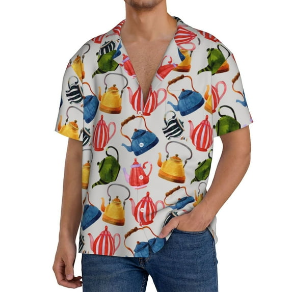 Kdxio Men's Hawaiian Shirt for Men Short Sleeve Shirt Watercolor Teapots Summer Casual Holiday Beach Button Down T-Shirts