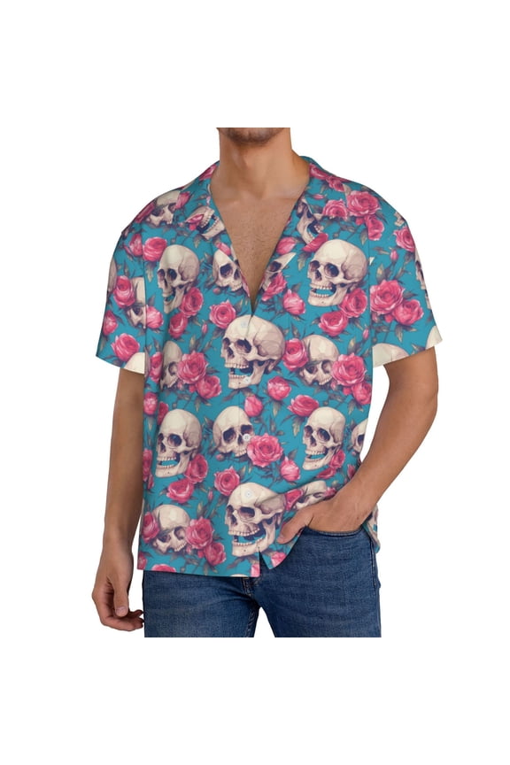 Men's Hawaiian Shirt for Men Short Sleeve Shirt happy Skull rose Summer Casual Holiday Beach Button Down T-Shirts