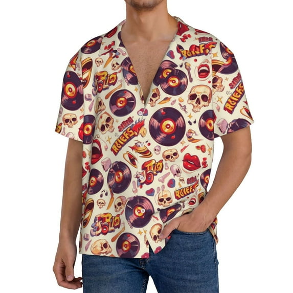 Kdxio Men's Hawaiian Shirt for Men Short Sleeve Shirt rock music Skull record Summer Casual Holiday Beach Button Down T-Shirts