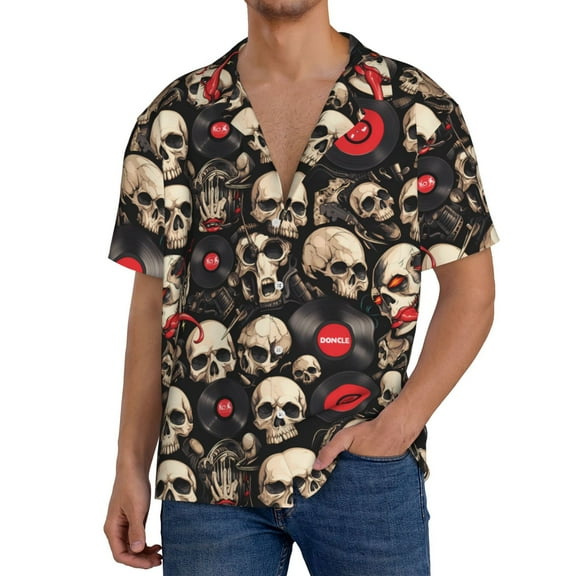 Kdxio Men's Hawaiian Shirt for Men Short Sleeve Shirt rock record Skull Summer Casual Holiday Beach Button Down T-Shirts