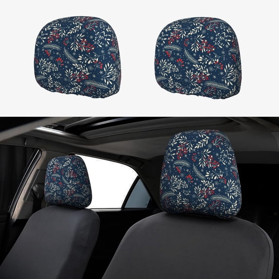 Kdxio Merry Christmas Winter Leaves Snowflakes Pattern Print 2 Piece Car Head Rest Covers Set Auto Front/Rear Seats Headrest Cover Universal Fit Most Cars,Sedan, SUV
