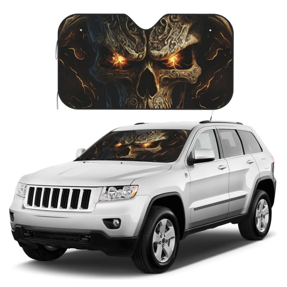 Kdxio Metal Evil Skull Print Windshield Sun Shade, Foldable Sun Blocker for Car,Truck,SUV Automotive Interior Sun Protection,Reflective Shade for Front Windshield(Medium)