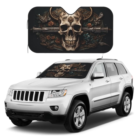 Kdxio Metal Style Horned Skull Print Windshield Sun Shade, Foldable Sun Blocker for Car,Truck,SUV Automotive Interior Sun Protection,Reflective Shade for Front Windshield(Small)