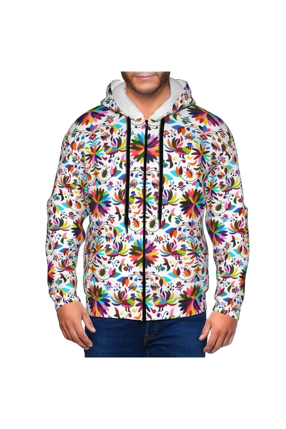 Mexican Bright Style Print Men Hoodies Casual Hoodies for Men with Zip Pockets Full Zip Long Sleeve Sweatshirt Sports Hooded Jacket-Small