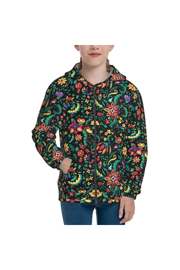 Mexican Flower 1 Pattern Kids Boys Girls Zip Up Hoodie 3D Printed Hooded Sweatshirt Hoody Coat with Pocket 7-12 Y-Small
