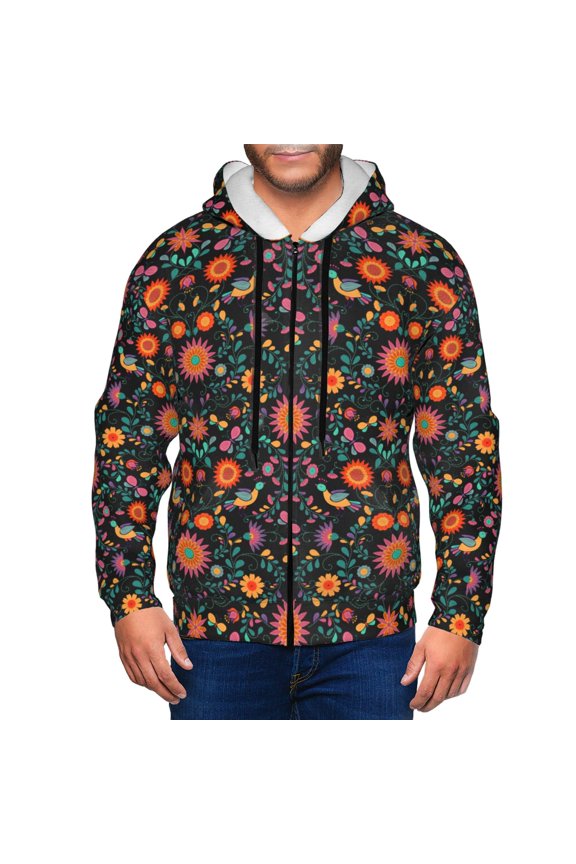 Mexican Flower And Birds Print Men Hoodies Casual Hoodies for Men with Zip Pockets Full Zip Long Sleeve Sweatshirt Sports Hooded Jacket-Medium