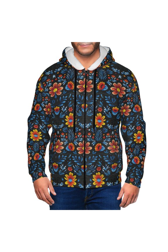 Mexican Flower Print Men Hoodies Casual Hoodies for Men with Zip Pockets Full Zip Long Sleeve Sweatshirt Sports Hooded Jacket-Medium