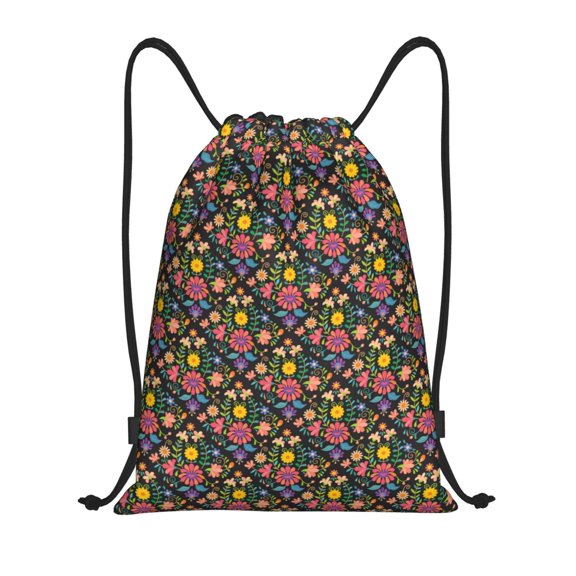 Kdxio Mexican Folk Art Floral Print Drawstring Backpack Bag,Waterproof Draw String Back Sack, Gym Drawstring Bags Swim Bag For Unisex