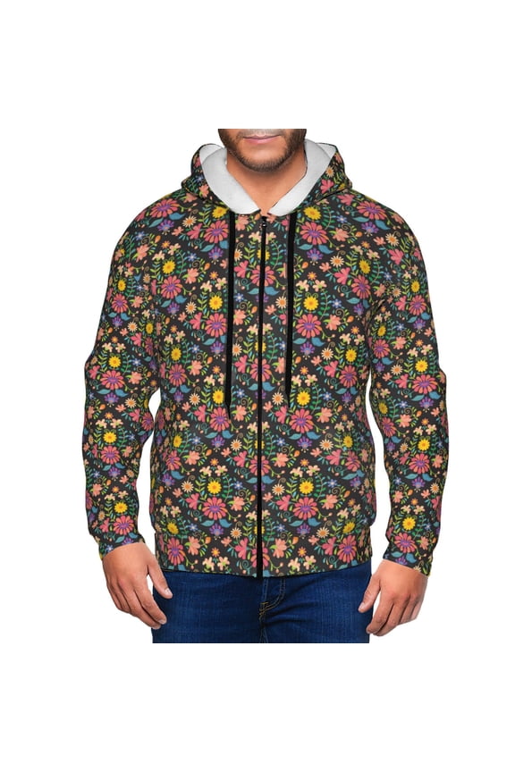 Mexican Folk Art Floral Print Men Hoodies Casual Hoodies for Men with Zip Pockets Full Zip Long Sleeve Sweatshirt Sports Hooded Jacket-Medium