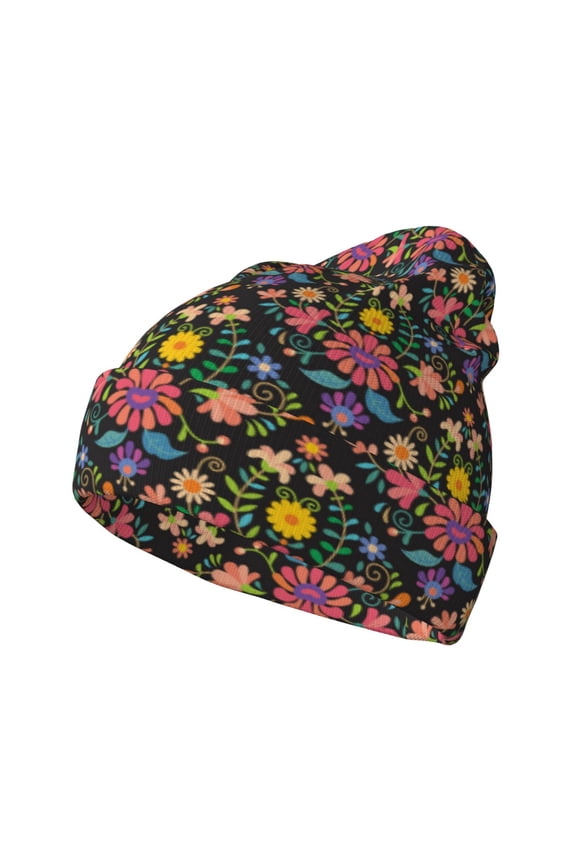 Mexican Folk Art Floral Winter Beanie for Men Women Beanie Knit Hat Cuffed Cap Beanie Knit Chunky Snow Cap