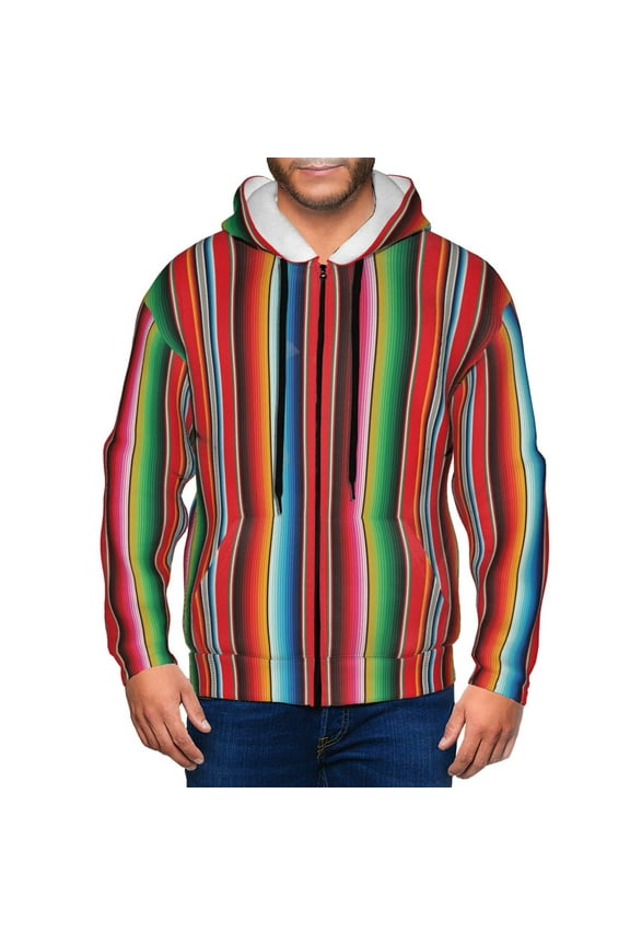 Mexican Serape Blanket Stripes Print Men Hoodies Casual Hoodies for Men with Zip Pockets Full Zip Long Sleeve Sweatshirt Sports Hooded Jacket-Small