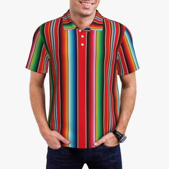 Kdxio Mexican Serape Blanket Stripes Print Men's Short Sleeve Polo Shirt,Midweight Men's Shirt