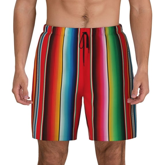 Kdxio Mexican Serape Blanket Stripes Print Men's Swim Trunks with Compression Liner 7 Inch Inseam Quick Dry Swim Shorts