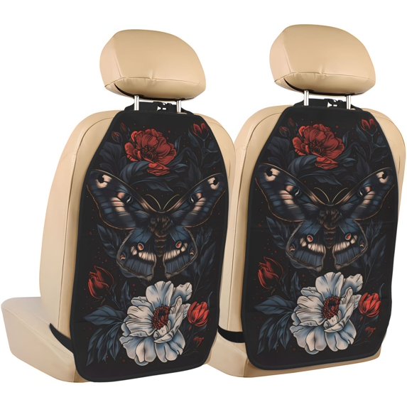 Kdxio Midnight Butterfly Floral Dream Print 2 Pack Car Kick Mat Seat Cover Back Protector Mat with Pockets for Organizer Backseat Protector and Storage Anti Kick Pad for Vehicles